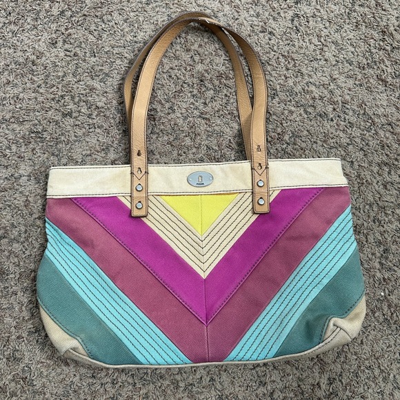 Fossil Handbags - Fossil Canvas Tote Bag Multicolor Chevron Stripe Leather Trim Shoulder Bag READ